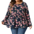 thumbnail image 2 of DARING DIVA Women's Plus Floral Bell Long Sleeve Crew Neck Peplum Top 2X Navy Blue, 2 of 6