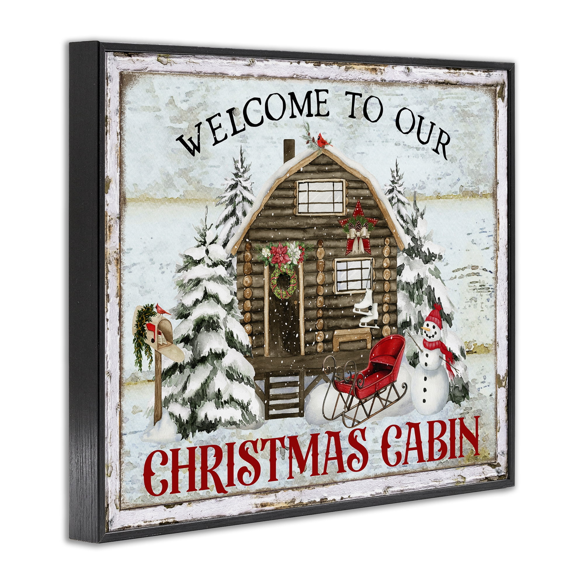 Stupell Industries Welcome Christmas Cabin Holiday Painting Black Framed Art Prints Wall Art, 20 x 16