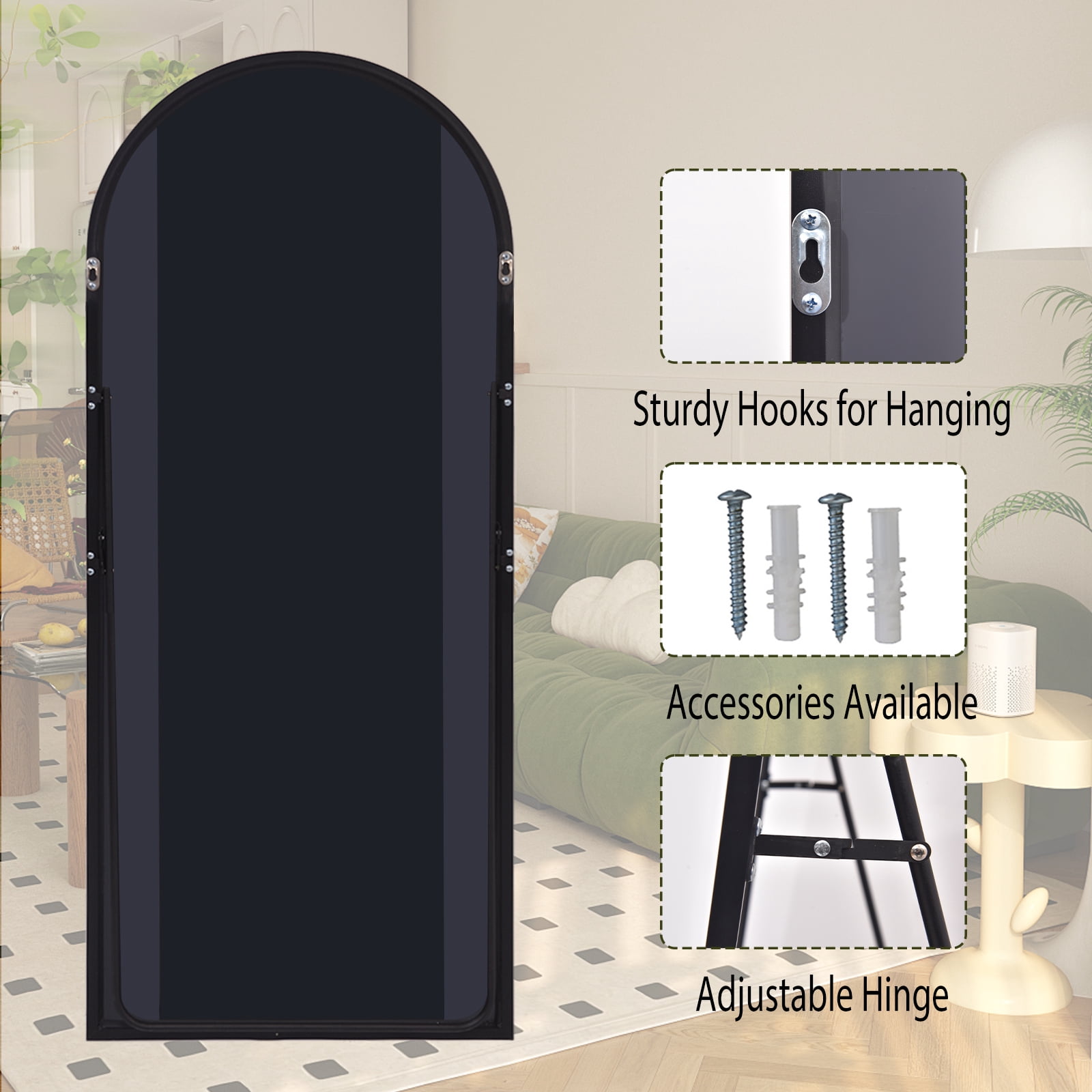 Anyrose 71.3"x30" Arched Floor Mirror Wall-Mounted Leaning Mirror with Metal Frame, Black