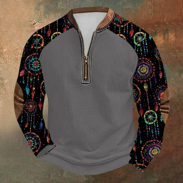 Blusas y camisas de manga larga con cuello redondo para hombre Sudadera con puños en los hombros estampada para hombre Blusa de poliéster de manga larga con cuello redondo para hombre