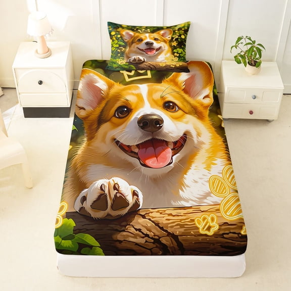 Manfei Corgi Dog Corgi Twin Fitted Sheet, Neon Doodle Bedding, Green Gold, 2pcs, 1 Fitted Sheet and 1 Pillowcase