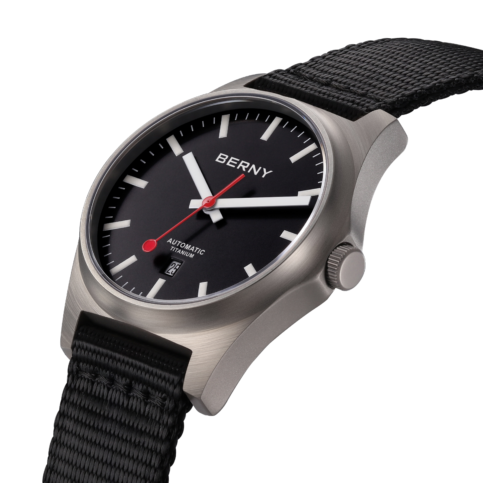 BERNY Automatic Titanium Watches for Men, Sport Casual 10ATM Waterproof Analog Mechanical Watch with Date, Nylon Strap, Super Luminous, Sapphire Crystal, Fashion Minimalist Wrist Watch (Black)