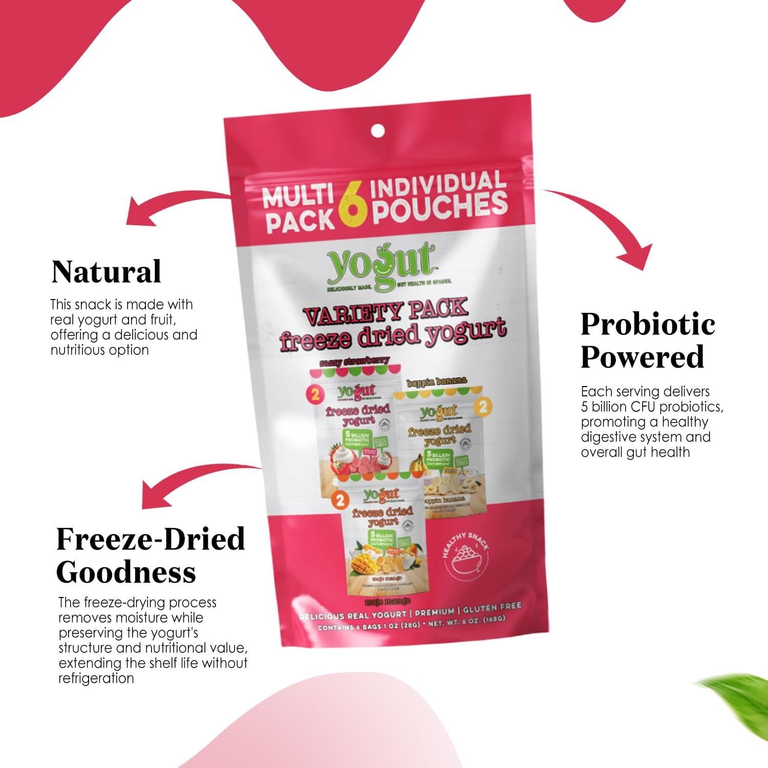 Yogut Freeze Dried Yogurt Bites Variety Pack, Crunchy Texture, 6 Count, Gluten Free, Non-GMO, 5 Billion Probiotics