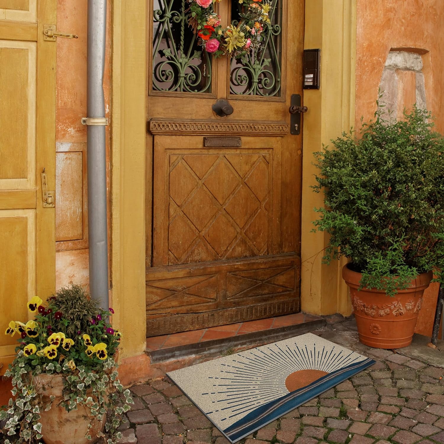 Abstract Boho Sun Sunrise Sunshine Ocean Wave Mid Century Modern Waterproof Door Mat Outdoor Entrance 17x30 Inch Non-Slip Doormat for Bohemian Home Front Door Porch Outdoor Indoor Decorations