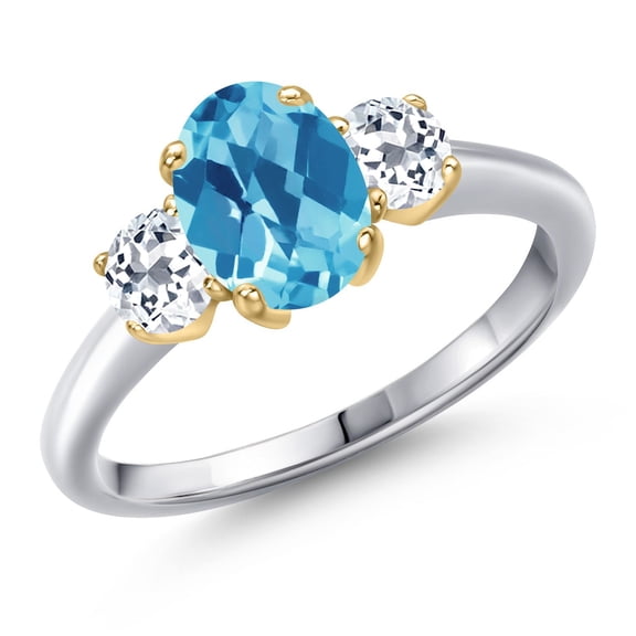 Gem Stone King 925 Silver and 10K Yellow Gold Swiss Blue Topaz and White Topaz Engagement Ring for Women | 1.96 Cttw | Oval Checkerboard 8X6MM | Gemstone November Birthstone | Size 6
