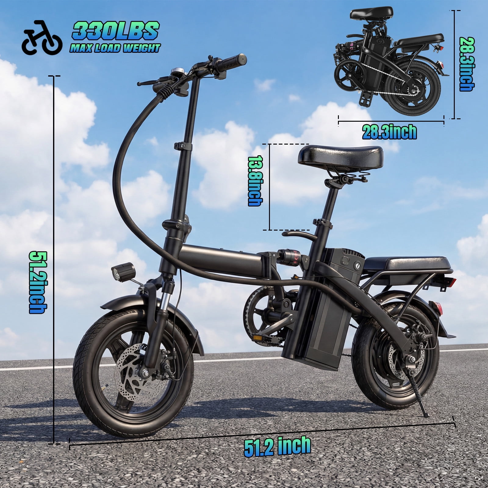 Kunyun 48V 400W Electric Bikes,14" Tires, 20mph, 19-22mi Range, Dual Disc Brakes, Adjustable Seat, Removable Basket, Folding Design.White