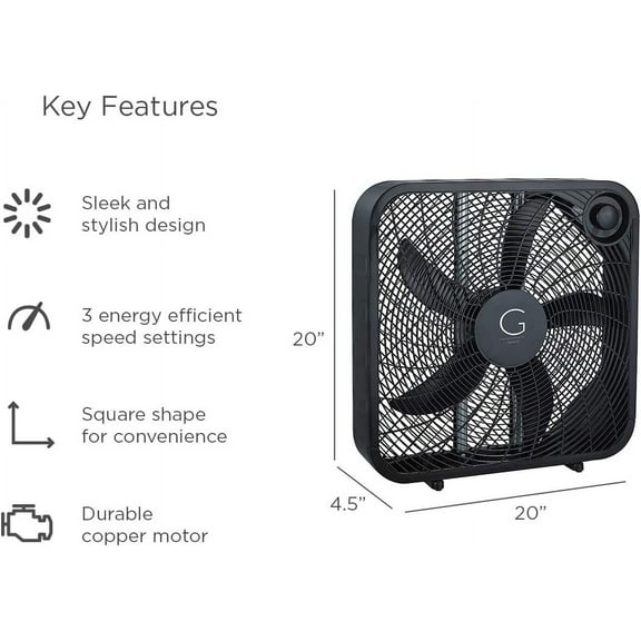 20" High Box Fan with 3 Speeds, Cooling Tech, Carry Handle, Black