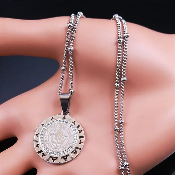 Catholic Saint Benedict Medal Necklace for Women Men 14K White Gold San Benito Religious Chain Jewelry