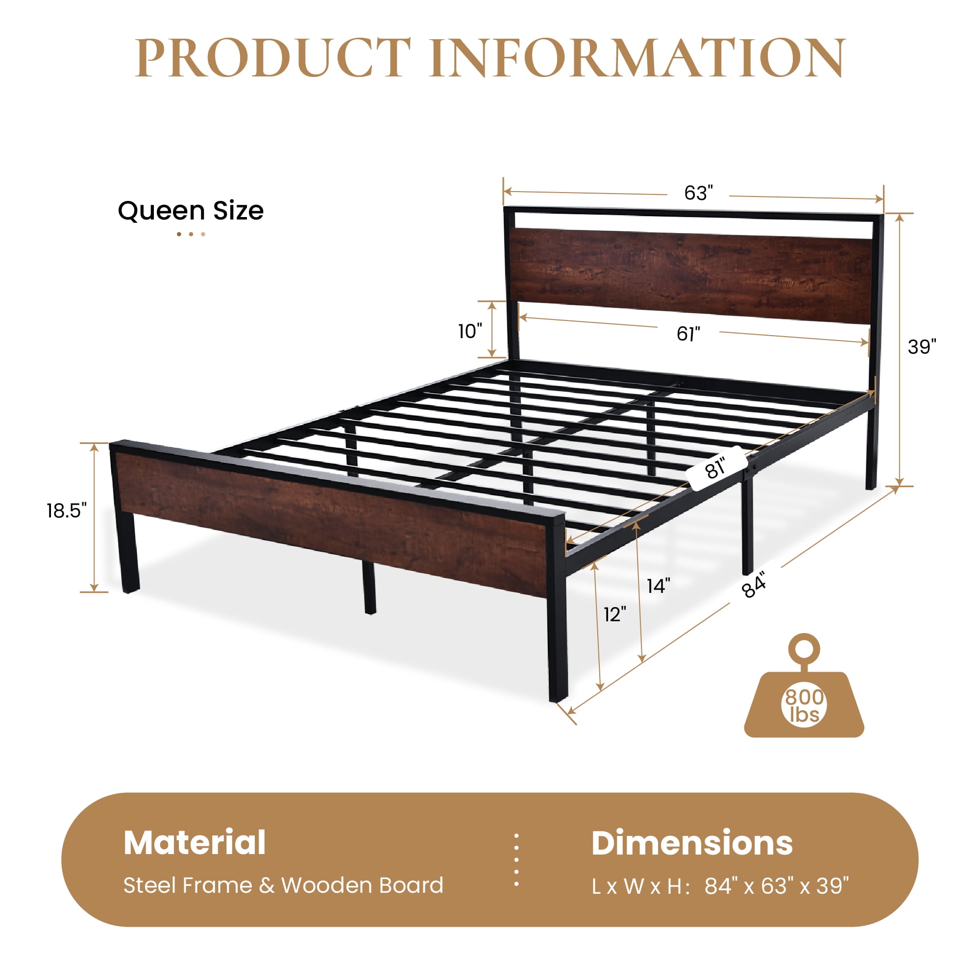 Sha Cerlin Walnut Queen Size Metal Platform Bed Frame with Wooden Headboard & Underbed Storage, Adult