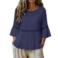 thumbnail image 5 of thefmos Women Summer Round Neck 3/4 Sleeve Lace Trim Flowy Boho Casual Pullover Tops Dressy Casual Loose Blouses Fall Shirts Clothes, Blue L, 5 of 8