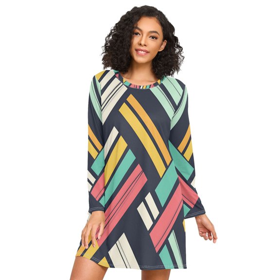 FORMRS Womens Long Sleeve Nightgowns Crew Neck Sleep Shirt Soft Pajamas Sizes S-3XL, Red Geometric