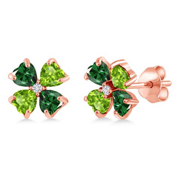 Gem Stone King 18K Rose Gold Plated Silver Green Nano Emerald Green Peridot and White Lab Grown Diamond Earrings for Women | 2.83 Cttw | Gemstone May Birthstone | Heart Shape 4MM