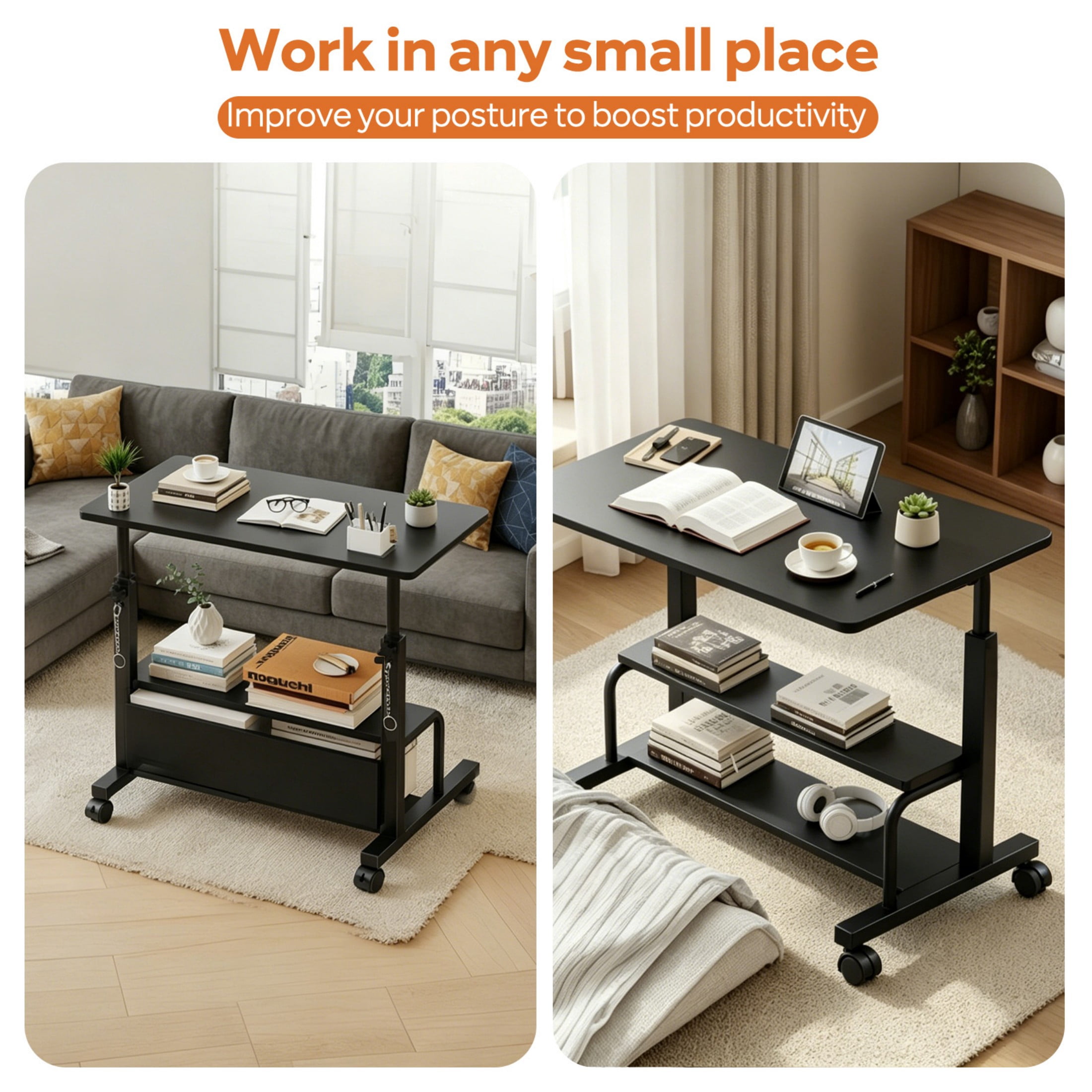 CONCETTA 31.5'' Adjustable Height Rolling Computer Desk with Storage Shelves, Portable Mobile Desk for Small Spaces Home Office, Black