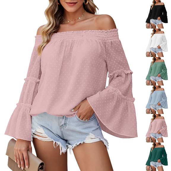 Tqcoqu Women's Off Shoulder Top,Ruffle Long Sleeve Chiffon Blouse,Casual Loose Trendy Shirts,Army Green Women's S-XXL