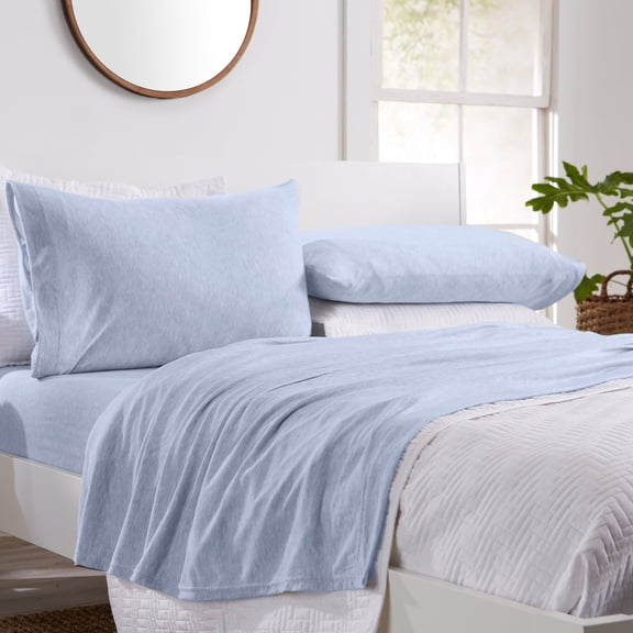 Great Bay Home Heathered Melange T-Shirt Jersey Knit Wrinkle Resistant Sheet Set (Twin, Light Blue)