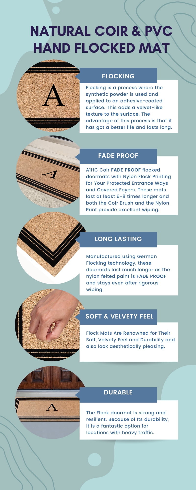 A1HC Natural Coir Flock Monogrammed Door Mat for Front Door, 24x57, Anti-Shed Treated Durable Doormat Outdoor Entrance, Heavy Duty, Thin Profile, Easy to Clean, Long Lasting, Front Door Entry Doormat
