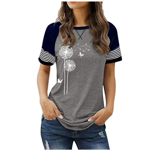 T-Shirt Femme Mode Décontractée Imprimé Col Rond Manches Courtes Chandail T-Shirt Femmes Gris m