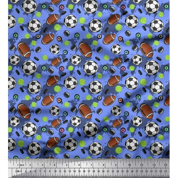 Soimoi Rayon Crepe Fabric Cricket Ball,Rugby & Football Sports Decor Fabric Printed Yard 46 Inch Wide
