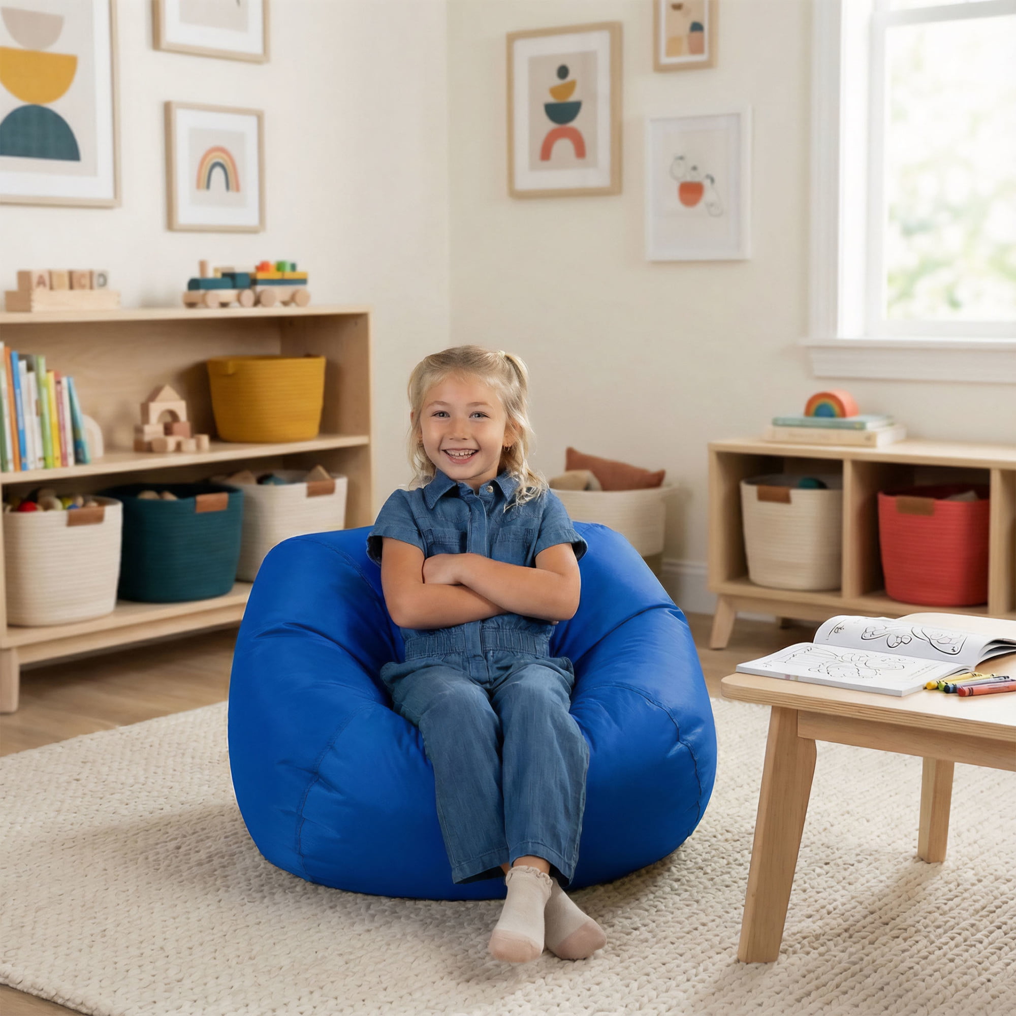 Big Joe Classic Kids Bean Bag Chair, 2 ft Round, Sapphire, Easy-Clean SmartMax Fabric, Refillable with Built-in Handle