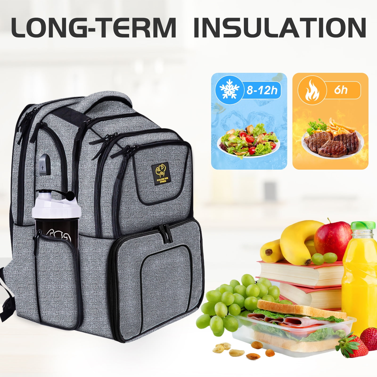 Free Shipping 519 Fitness Meal Prep Backpack 6 Meal Insulated Bodybuilding Lunch Rucksack with Computer Compartment for Men and Women to Hiking Picnic Grey Walmart