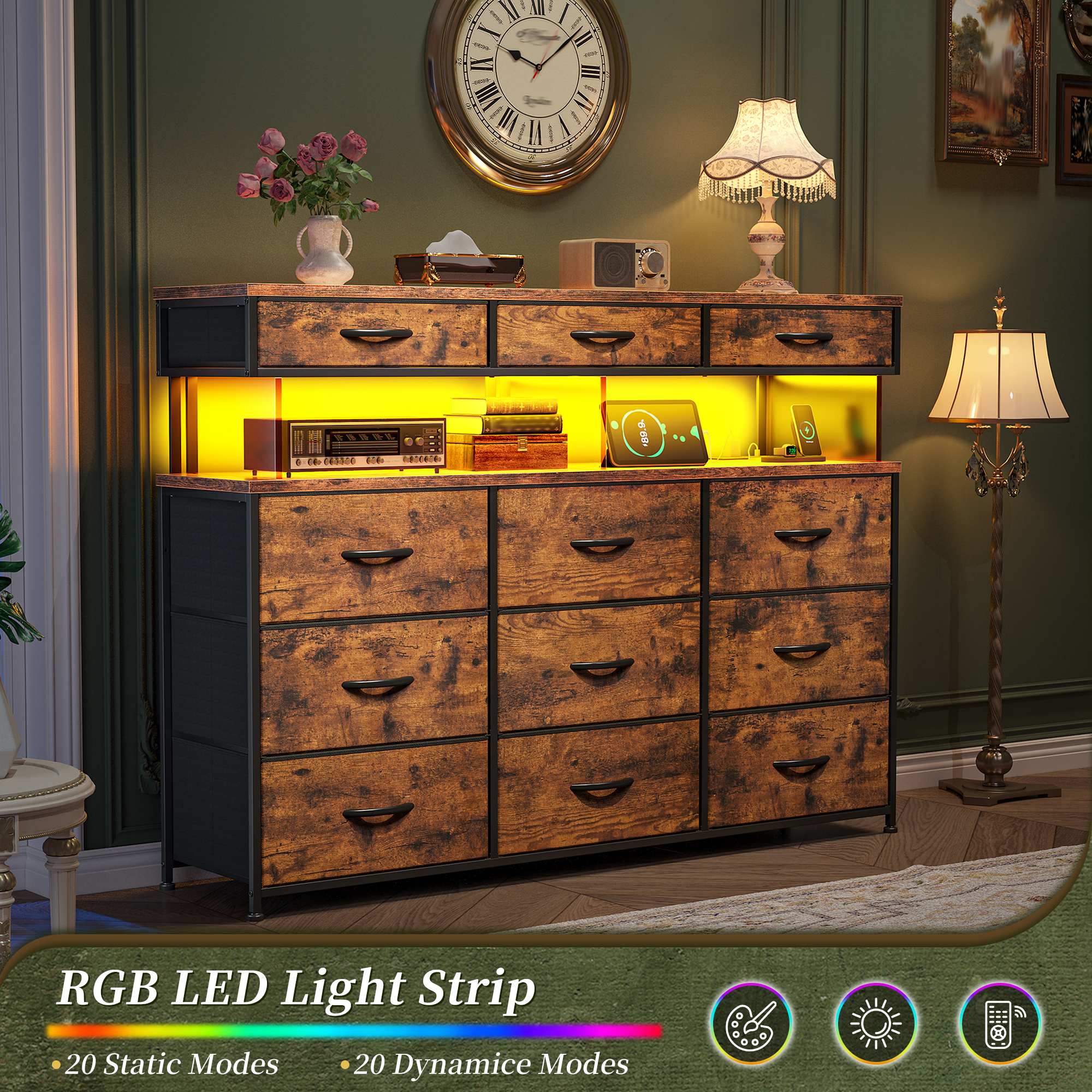 Romorgniz Dresser for Bedroom with 12 Fabric Drawers Wide Dresser with LED Lights & Charging Station Chest of Drawers with Acrylic Sheet, Rustic Brown