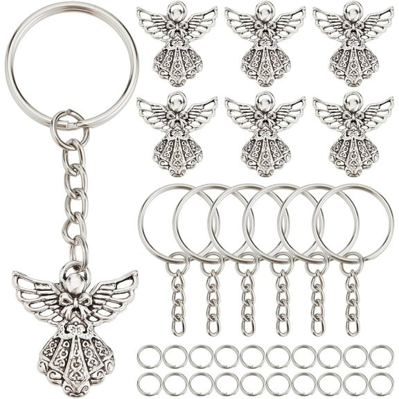 1 Box 90Pcs DIY 30 Set Guardian Angel Charm Keychain Christmas Angel Charms Bulk Tibetan Fairy Wing Keychain Making Kit Double Loop Round Spilt Metal Jump Rings Key Chain Antique Silver