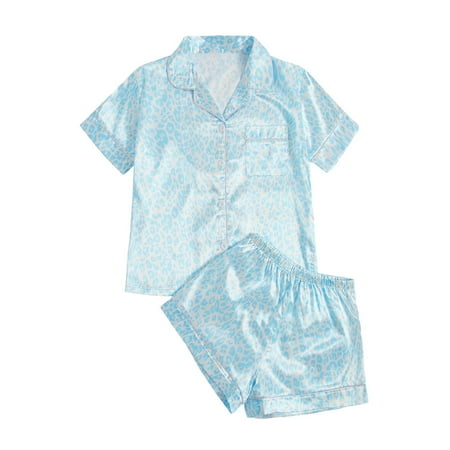 Krdevn Women s Leopard Print Silk Satin Pajama Set Short Sleeve Button Up Top & Shorts Sleepwear M