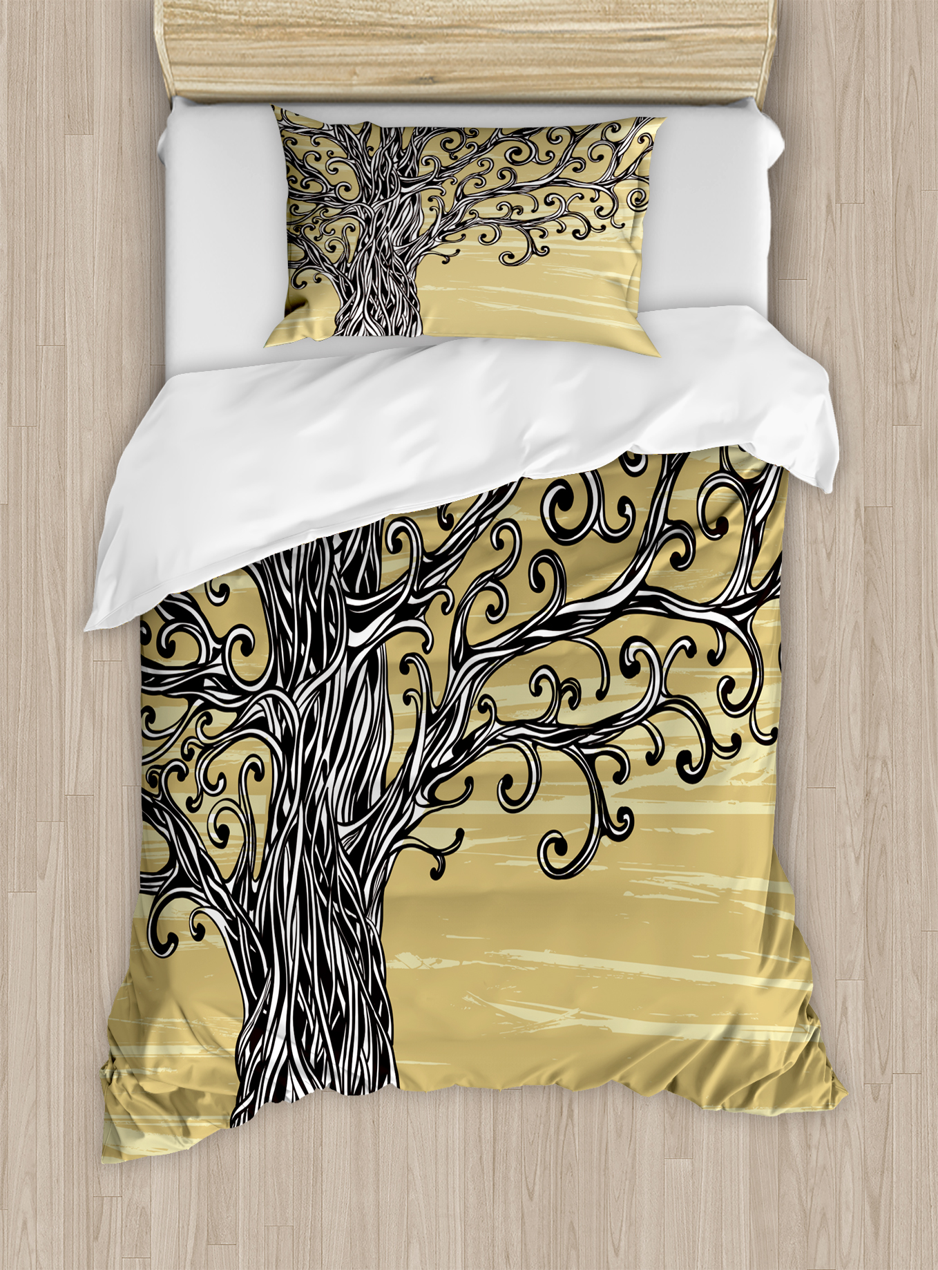 Mustard Brown Twin Duvet Cover with Tree Design
