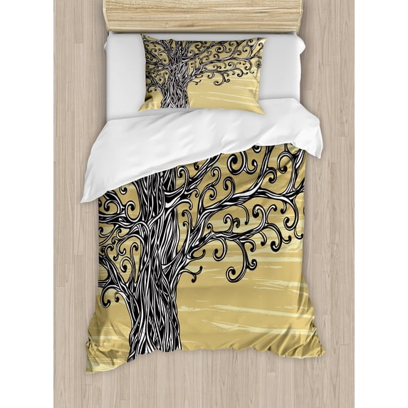 Tree of Life Duvet Cover Set, Swirled Twists Rustic Oak Branches Nature Eco Sketch Illustration, Decorative 2 Piece Bedding Set with 1 Pillow Shams, Twin Size, Mustard Brown, by Ambesonne