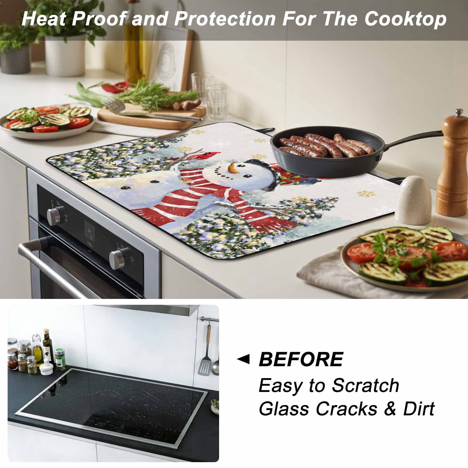Beige Burlap Snowman Stove Top Cover for Electric Stove, Heat-proof & Non Slip Glass Top Stove Cover Protector, Christmas Tree Snowflake Winter Kitchen Flat Cooktop Rubber Mat 24x21 Inches