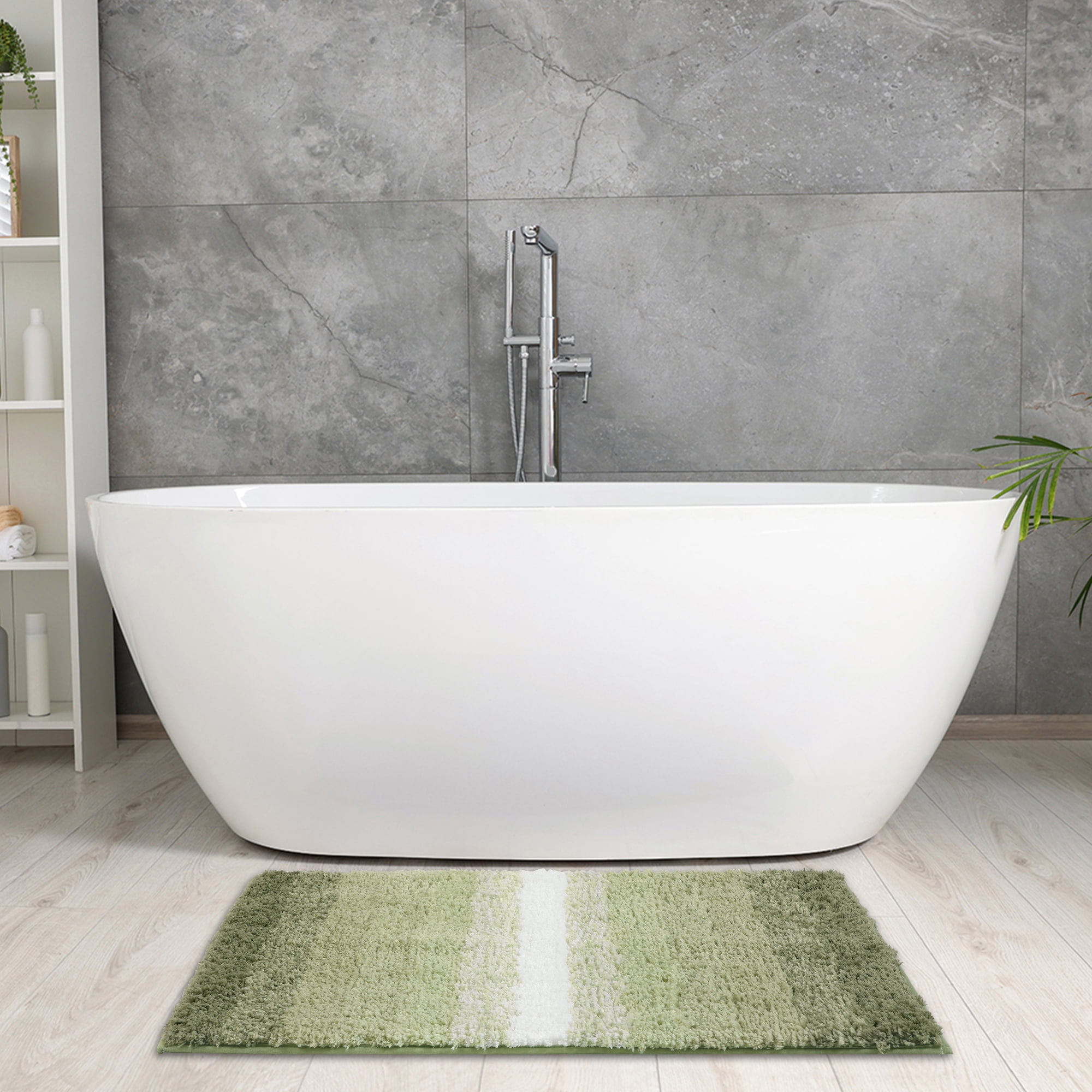 Unique Bargains Absorbent Bath Rug Non-Slip Plush Shaggy Bath Carpet Bath Mats Striped Green Rectangle 20" x 32"