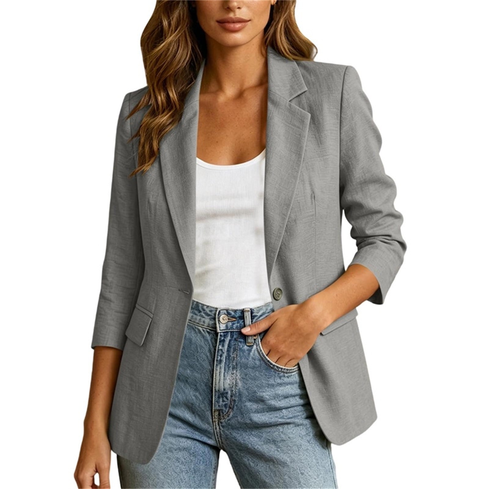cocolona Business Casual Blazer for Women Lapel Long Sleeve Open Front Button Suit Jacket Work Office Solid Color Tops