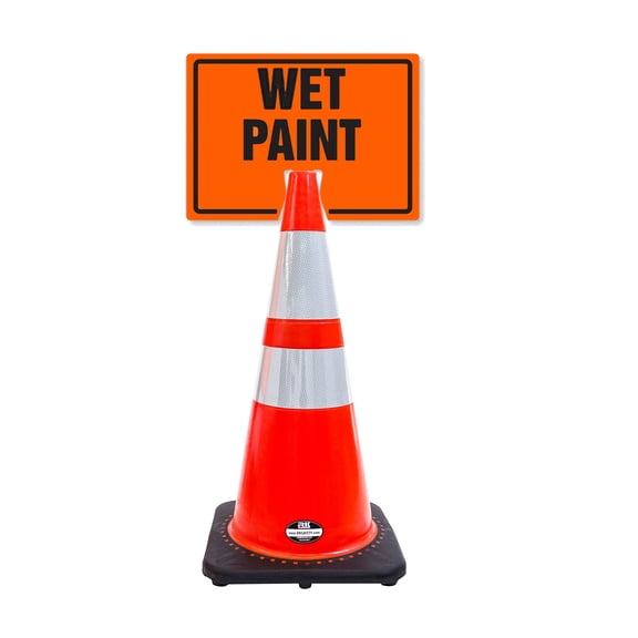 RK-Safety 28" Orange Cone, Black base With Two Reflective Tape, Plus Cone Sign 32 "Wet Paint", (Cone-2 ea Cone Sign-2 ea)