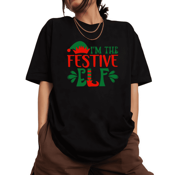 Women's I'm The Festive Elf Graphic Casual for Holiday Users Graphic Tee Comfortable Short Sleeve Round Neck Top Black S-5XL