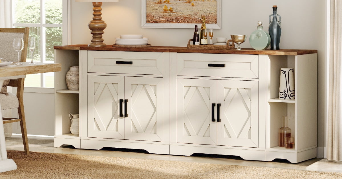 WAMPAT 82.7"W TV Stand for up to 80" TVs,Farmhouse Entertainment Center with Storage Barn Door Cabinet,TV Console Table with Media Cabinet and Drawers for Living Room,Bedroom,Cream White