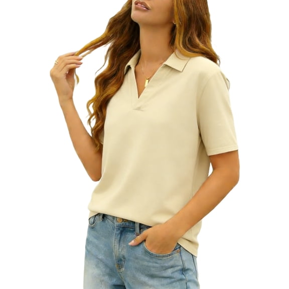 Sexlip Womens Short Sleeve Shirt Collar Button Design Durable Fabric Casual Silhouette for Office Wear Beige XXL