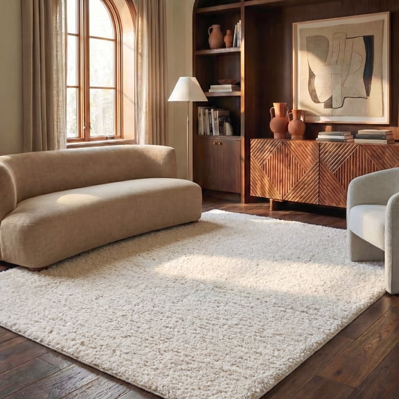 Safavieh Madrid Miah Solid Polyester Shag Area Rug, Ivory, 5'3" x 7'6"