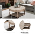 thumbnail image 4 of Hassch 2-Tier Ottoman Coffee Table - 31.49 inch Oversized Round Ottoman with Storage Shelf, Flip up Top, Wood Legs, Farmhouse Upholstered Tufted Ottoman Footrest for Living Room Bedroom, Gray+Khaki, 4 of 10