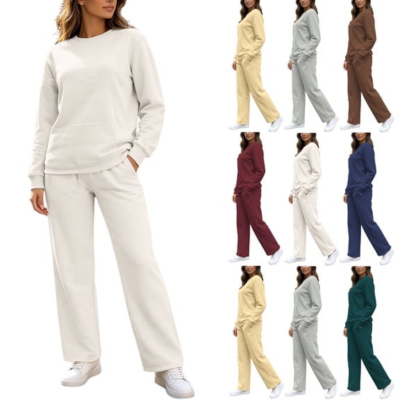 Women's 2 Piece Matching Lounge Set Sweatsuits,Casual Round Neck Sweatshirt and High Waist Wide Leg Sweatpants with Pockets,Solid Color Casual Tracksuit Loungewear Sets