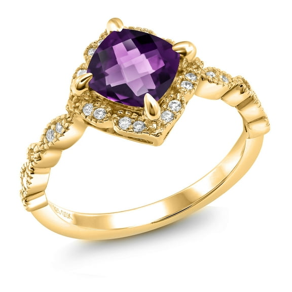 Gem Stone King 18K Yellow Gold Plated Silver Purple Amethyst and Moissanite Solitaire Ring for Women (1.73 Cttw, Cushion Checkerboard Cut 7MM, Gemstone, Available in Size 5, 6, 7, 8, 9)