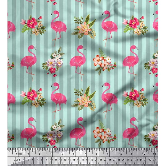 Soimoi Green Cotton Duck Fabric Stripe & Flamingo Floral Print Fabric by Yard 42 Inch Wide
