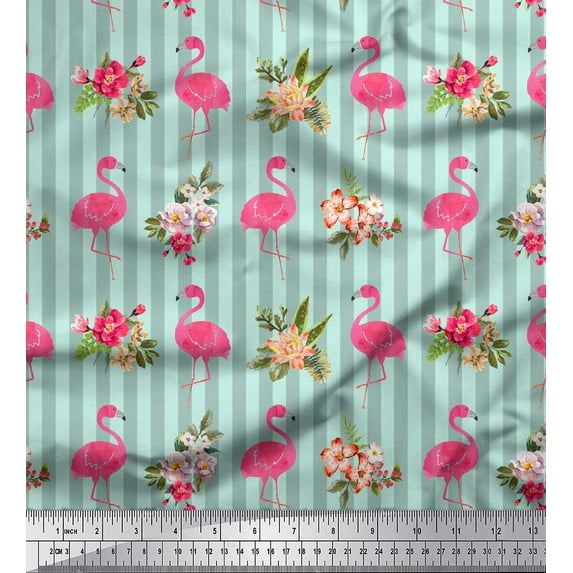 Soimoi Green Japan Crepe Satin Fabric Stripe & Flamingo Floral Print Fabric by Yard 42 Inch Wide