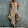 thumbnail image 2 of Women's Cotton‑Linen Spaghetti Strap Jumpsuit Solid‑Color Sleeveless Loose Harem‑Leg One‑Piece Pants with Side Pockets Khaki M(M), 2 of 8