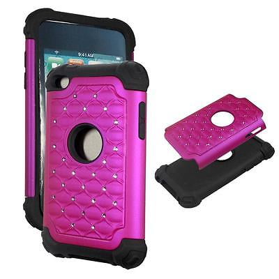 For Apple Ipod Touch 4 4th Hotpink Bling Hybrid Drop Protective Shock Proof Shock Absorb Enhanced Bumper Dual Layer Designer Case Shield Rhinestone Plane Case Hard