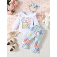 thumbnail image 3 of Yunliwuli Baby Girls Easter Outfits Letter Print Long Sleeves Romper and Egg Print Elastic Flared Pants Headband Set Fall Clothes, 3 of 10