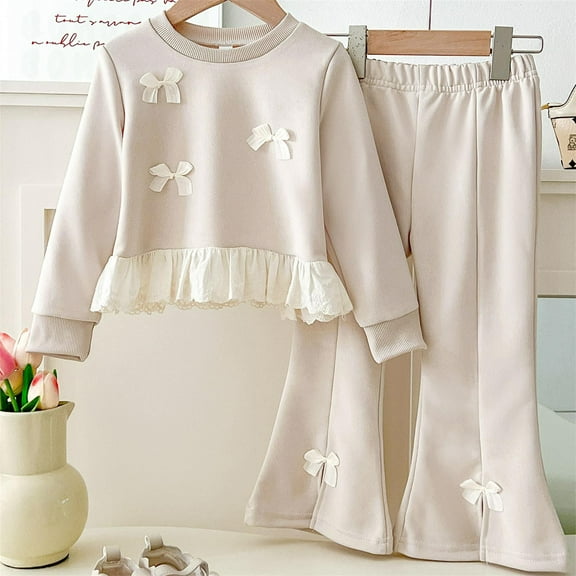 fnnxnal Kids Girls Beige Outfit Set 2-7Y - 100% Cotton Crew Neck Sweatshirt & Flared Pants with Bow & Lace, Soft Breathable for Daily Wear/Playdates,Size 7 T