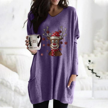 

jsaierl Womens Christmas Sweatshirt Dresses Long Sleeve Crewneck Cute Elk Shirts Oversized Tunic Tops Long Sweatshirt with Pocket