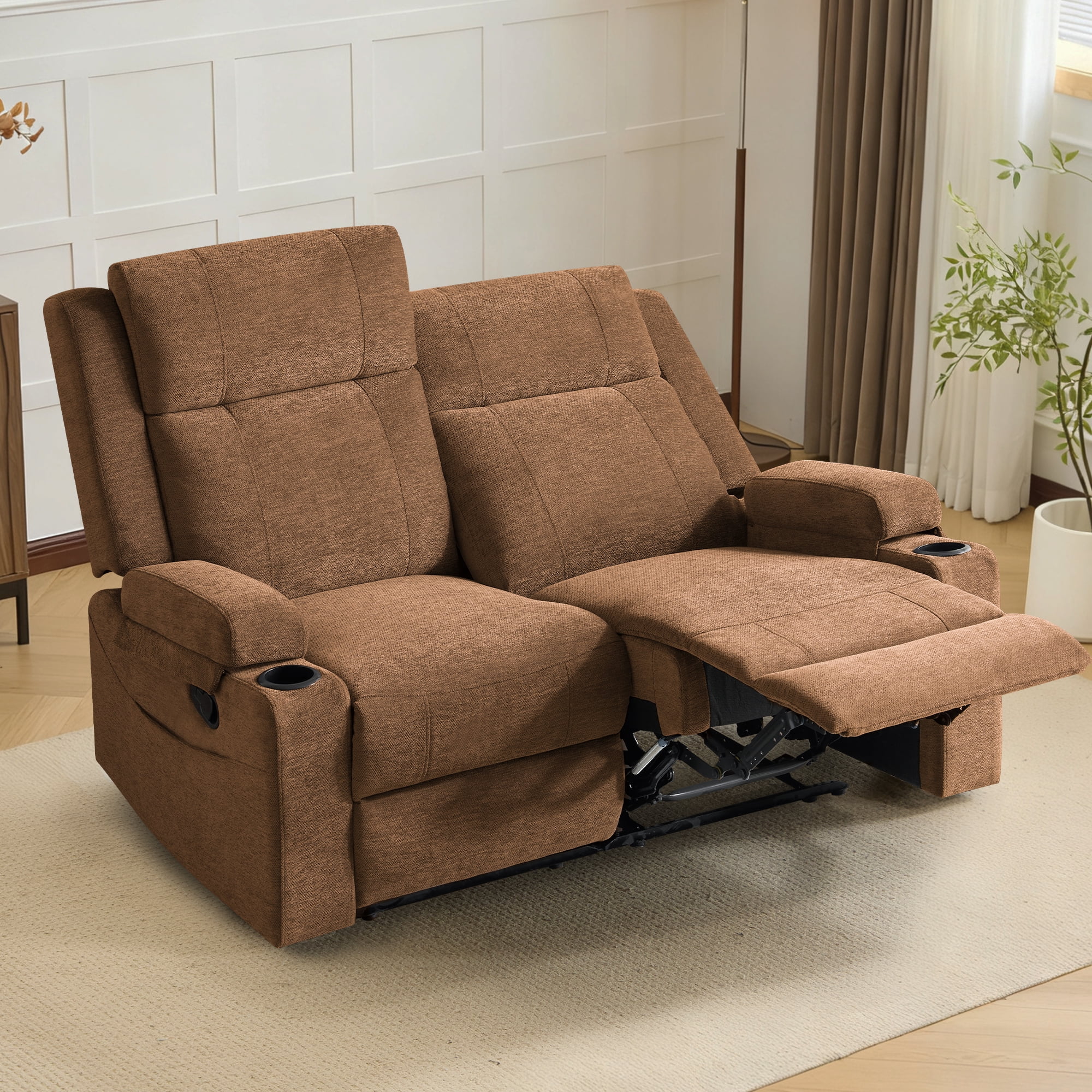 Chenille Reclining Couch, Manual Reclining Loveseat with Cup Holders, Wide Seat, Spill-Resistant Fabric, Easy Assembly, for Living Room/Apartment/RV Recliner Sofa