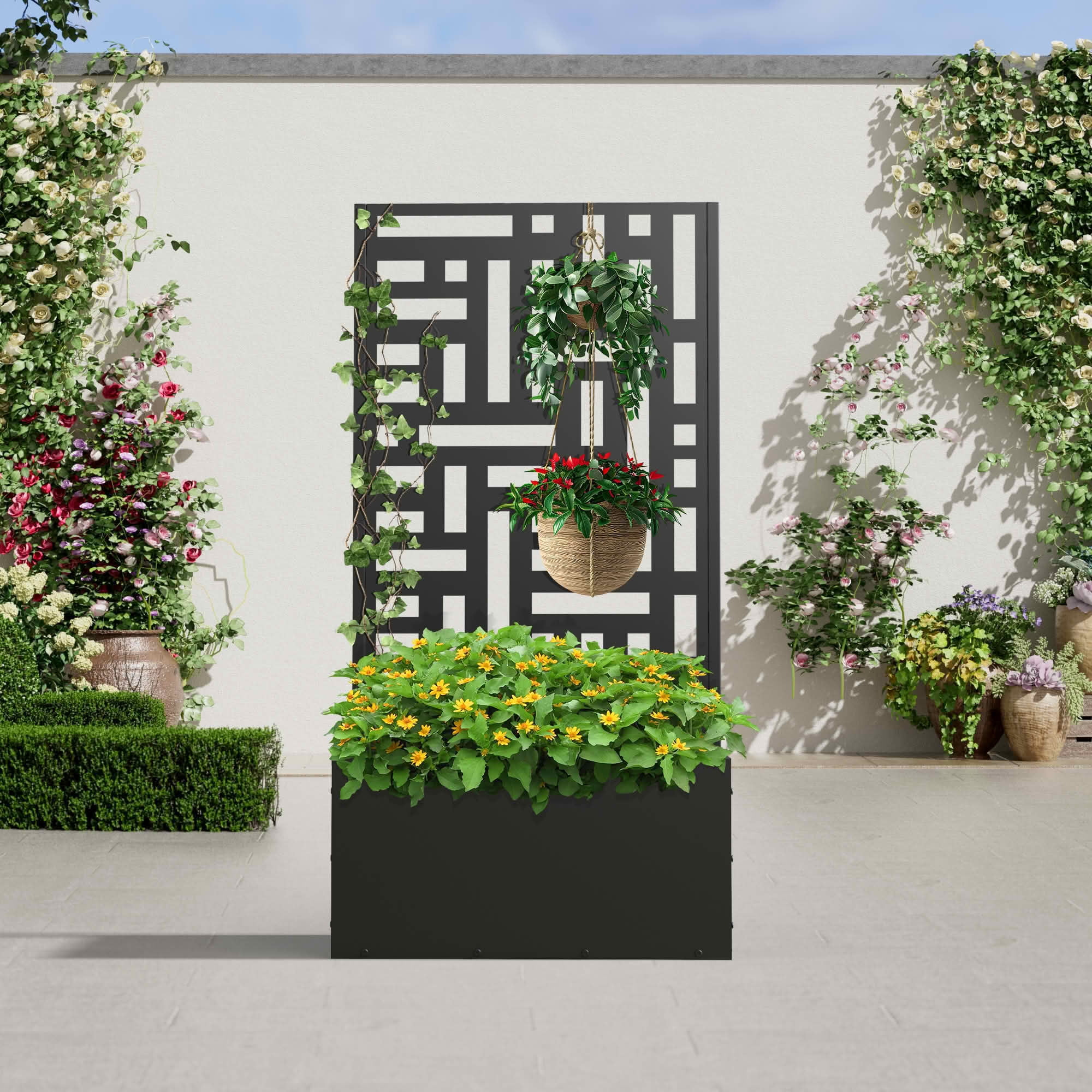 MAYEERTY 47x24x12 Inch Black Metal Planter Box with Trellis for Outdoor Garden & Patio