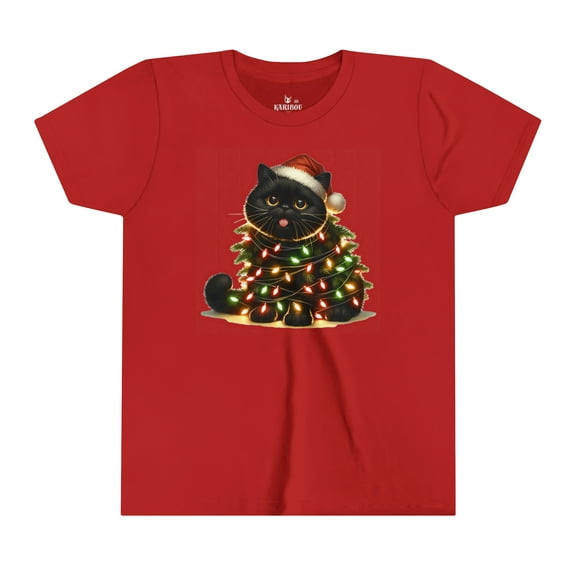 Funny Black Cat Christmas Tree Light - Youth Short Sleeve Tee